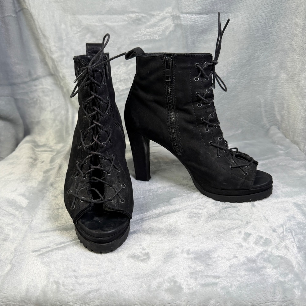 AllSaints Lace Up Peep Toe Ankle Boots Womens 39 Black Suede Platform Heels